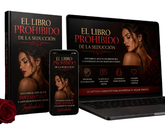 Mockup del producto digital El Libro Prohibido de la Seducción en portátil, móvil y caja